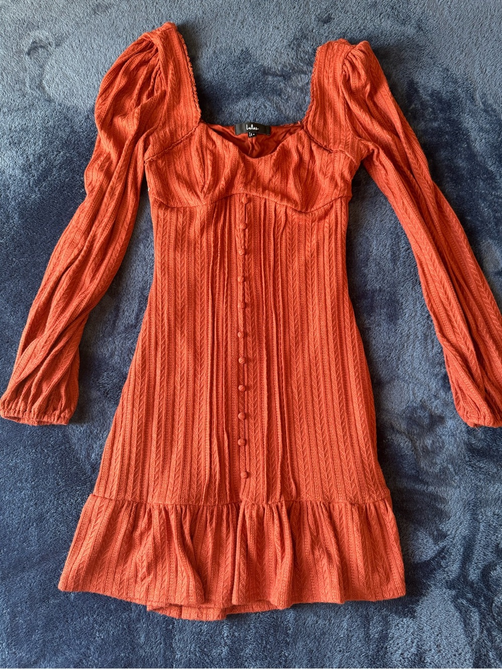 Lulu's Rust Ribbed Square-Neck Long-Sleeve Mini Dress - Picture 5 of 5
